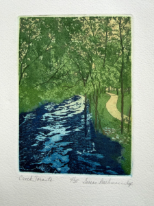 Impressionistic landscape: a blue river on the left, dense green trees on both banks, and a winding dirt path on the right side of the scene.
