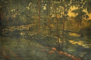 Impressionist painting of a pond with lily pads, a small wooden bridge, and trees at dusk.