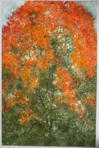 Impressionistic painting of a deciduous tree in autumn with bright orange and red leaves dominating the upper half and a green foliage below against a muted background.
