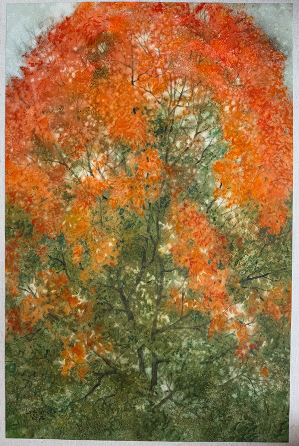 Impressionistic painting of a deciduous tree in autumn with bright orange and red leaves dominating the upper half and a green foliage below against a muted background.