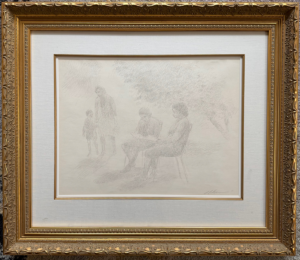 Pencil sketch of a group outdoors: two people seated reading while a standing adult and a child are nearby under trees.