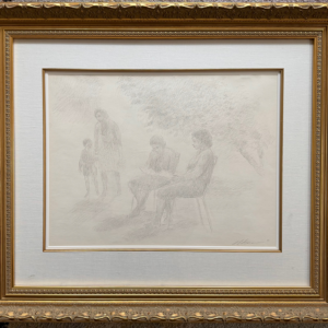Pencil sketch of a group outdoors: two people seated reading while a standing adult and a child are nearby under trees.