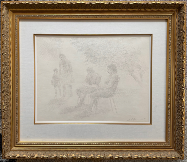 Pencil sketch of a group outdoors: two people seated reading while a standing adult and a child are nearby under trees.